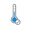 A simple line-style thermometer icon with blue liquid and a blue check mark.
