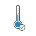 A simple line-style thermometer icon with blue liquid and a blue check mark.