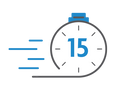 A minimalist vector icon of a stopwatch with the number 15 in blue, accompanied by three blue motion lines on the left..