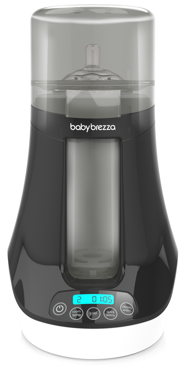 A Baby Brezza baby formula dispenser with a digital display showing settings, buttons for formula amount, temperature, and start/stop functions, and a compartment for holding a baby bottle.