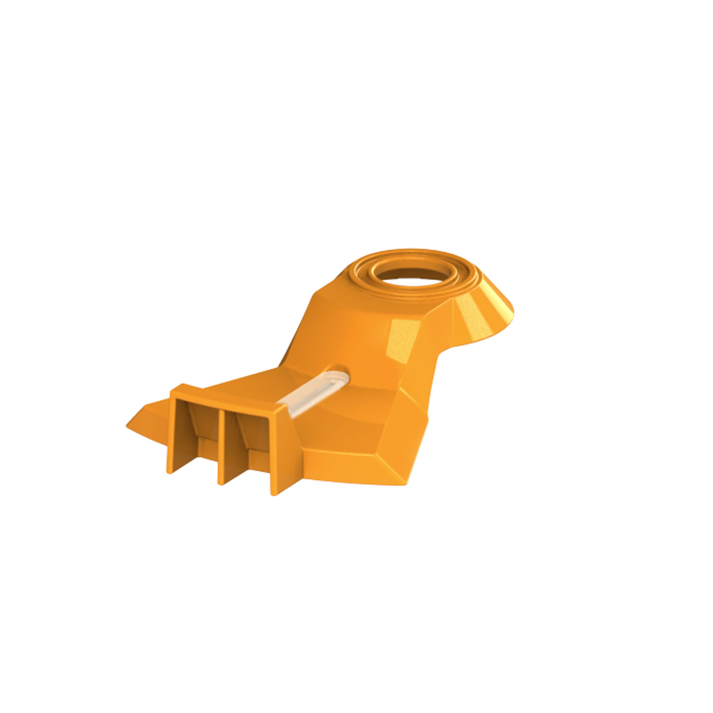A yellow, angular plastic Replacement Locking Cover for the Formula Pro Advanced Only by Baby Brezza UK, featuring a circular opening and rectangular supports, shown isolated on a white background. - product thumbnail