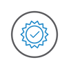 A blue circular badge icon with a checkmark inside, centred on a white background with a dark grey circular border.