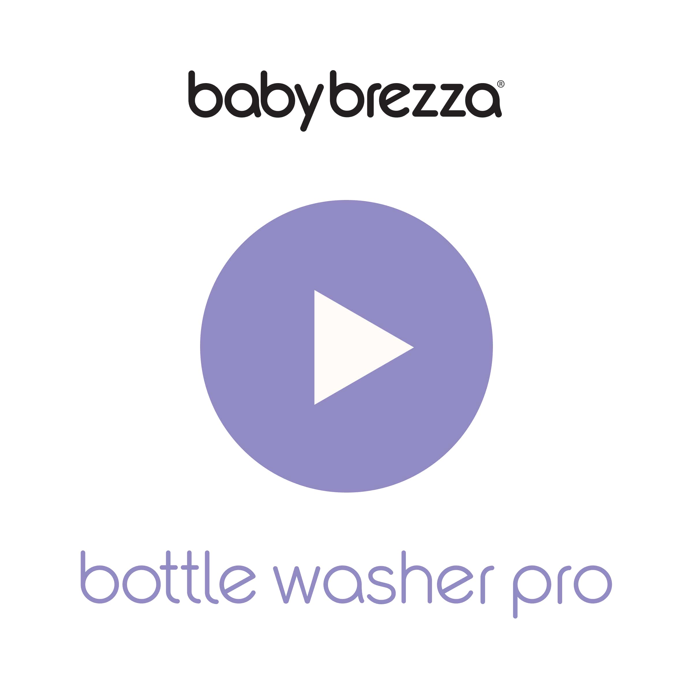 A large purple play button is centered on white, with "Baby Brezza UK" above and "Bottle Washer Pro - All In One Washer, Steriliser, Dryer" below in purple—removes 100% of milk residue. - product thumbnail