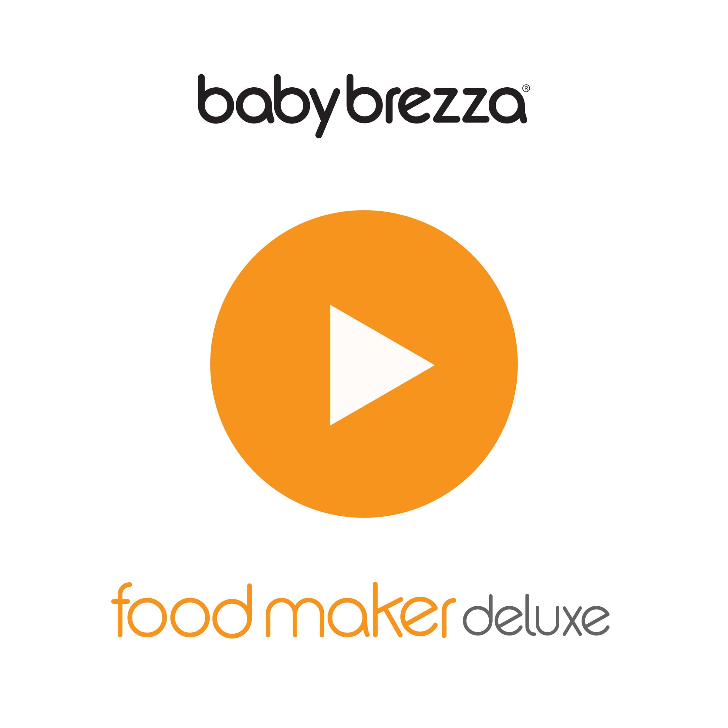The image displays the Baby Brezza UK logo above an orange play button, with “One Step Food Maker Deluxe” written in orange and gray text below—highlighting a baby food maker that steams and blends ingredients to simplify homemade baby food preparation. - product thumbnail