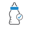 A simple line icon of a baby bottle with a blue checkmark badge