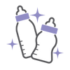 A simple line-art illustration of two baby bottles with purple caps and purple sparkle accents