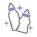 A simple line-art illustration of two baby bottles with purple caps and purple sparkle accents