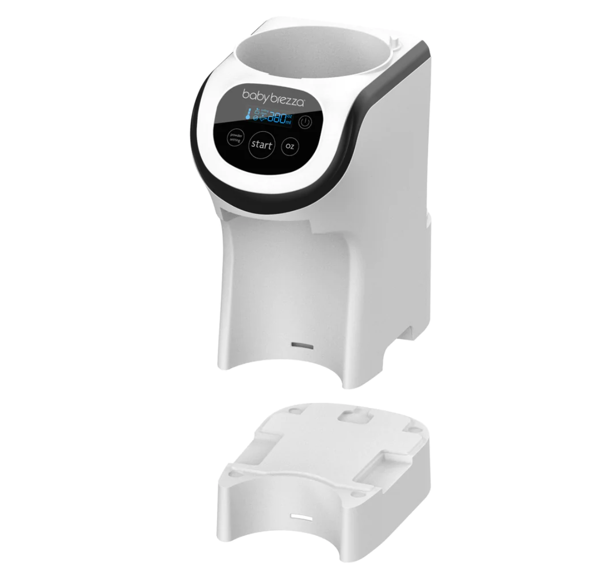 A Baby Brezza UK Riser Stand For The Formula Pro Mini is shown in white and black with a digital display, buttons, and a removable base positioned in front to fit taller bottles. - product thumbnail