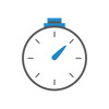 A minimalist stopwatch icon with a gray circular outline, black tick marks, a blue centre hand, and a blue top button