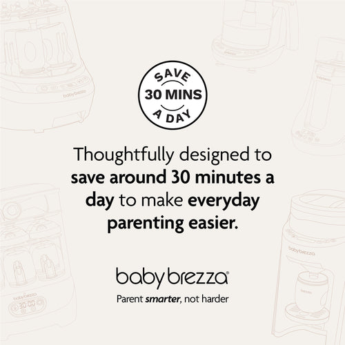 Promotional graphic for Baby Brezza UK’s Formula Pro Advanced features the text: Save 30 mins a day. Designed with an automatic bottle maker to simplify parenting. Baby Brezza UK logo and faint product sketches appear in the background. - product thumbnail
