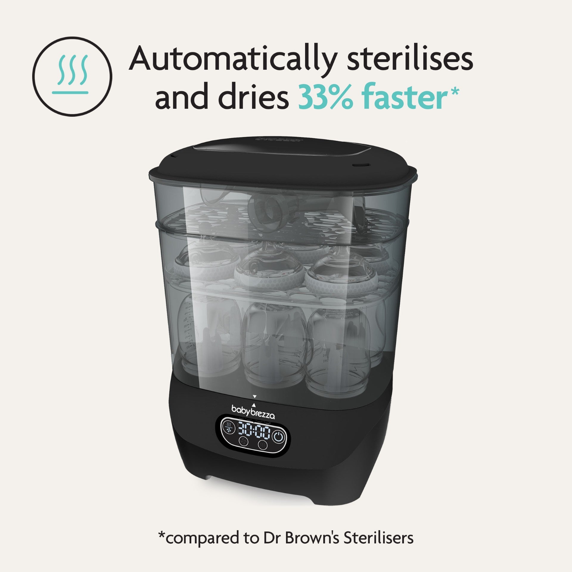A black Baby Brezza UK Steriliser Dryer Advanced with HEPA filter, holding baby bottles and featuring a digital control panel. Text above reads: Automatically sterilises and dries 33% faster* vs Dr Browns sterilisers. - product thumbnail