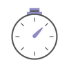 A minimalist stopwatch icon with a white face, dark grey circular outline, and light purple details including the centre hand and top button, on a white background.