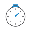 A minimalist stopwatch icon with a white circular face, gray outline and markings, a blue top button, and a blue central hand
