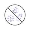 A circular graphic with a diagonal slash over simple line drawings of bacteria in light purple.