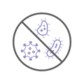 A circular graphic with a diagonal slash over simple line drawings of bacteria in light purple.