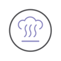A simple line icon of three wavy steam lines inside a dark grey circular border