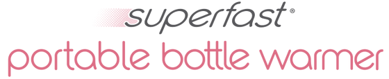 Superfast portable bottle warmer logo, with 'superfast' in dark grey and 'portable bottle warmer' in pink text.