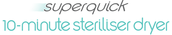 Text reading 'superquick 10-minute steriliser dryer', with 'superquick' in dark gray and the rest in light aqua.