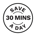 A circular black and white graphic with the text 'SAVE 30 MINS A DAY' in bold lettering.