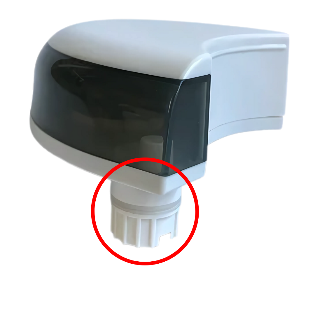 A white satellite LNB with a black cover and a red-circled connector at the bottom resembles the Baby Brezza UK Food Maker Deluxe Replacement Water Tank Lid. - product thumbnail