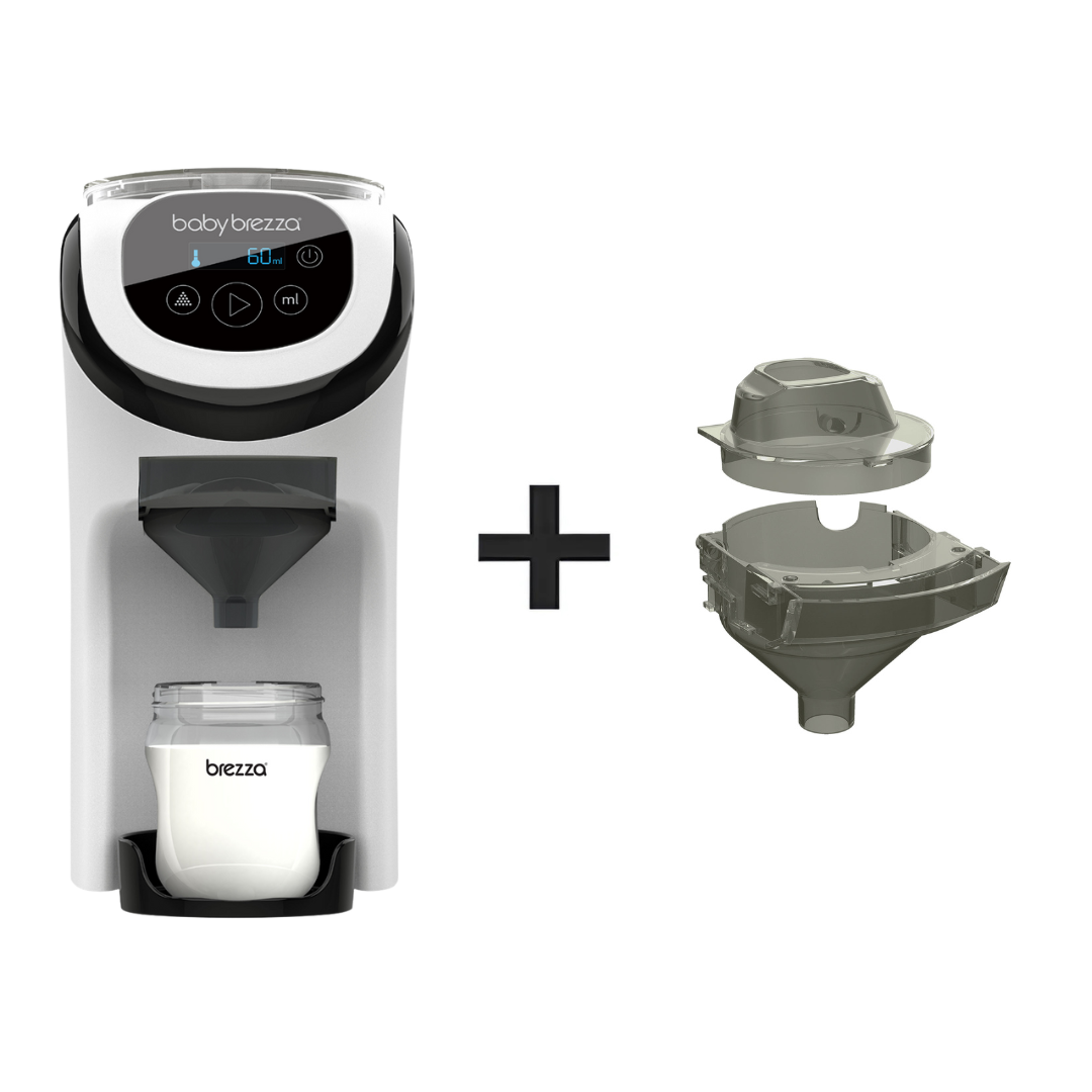The Baby Brezza UK BUNDLE: Formula Pro Mini + Spare Funnel and Cover shows the compact formula maker dispensing into a bottle, with a plus sign indicating the detachable spare funnel and cover, pictured separately for clarity. - product thumbnail
