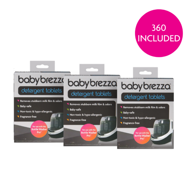 Three boxes of Baby Brezza UK Detergent Tablets for Bottle Washer Pro® (360 tablets total) are shown. Packaging notes they remove milk residue, are hypo-allergenic, fragrance-free, and made for use with the Bottle Washer Pro®.