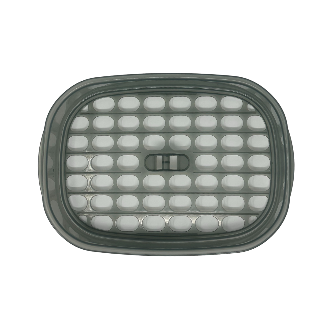 Top view of the Baby Brezza UK Steriliser Dryer Replacement Small Basket: a rectangular gray plastic lid with an oval grid pattern and central latch—perfect as a replacement part for your sterilizer dryer. - product thumbnail