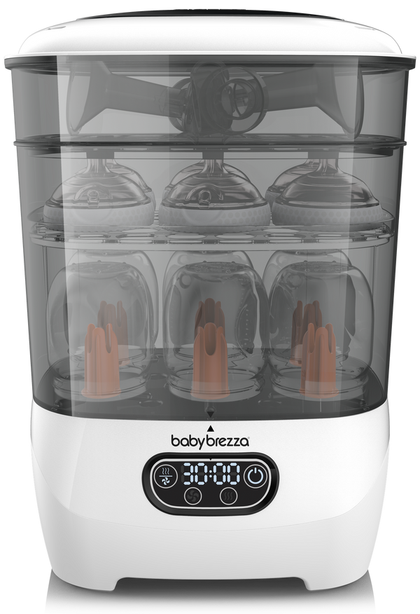 A white and gray Baby Brezza bottle sterilizer and dryer with a digital display, containing six baby bottles placed upside down inside the clear top compartment.