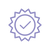 A simple purple line icon of a sunburst seal with a checkmark inside.