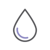 A minimalist line icon of a water droplet with a light purple curved accent inside.