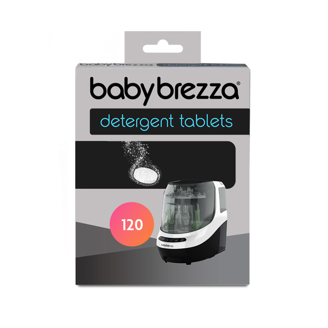 The image shows a box of Baby Brezza UK Detergent Tablets for Bottle Washer Pro® (120 tablets). The gray and black packaging features a dissolving tablet, emphasizes baby-safe cleaning, and displays "120" in a red circle. - product thumbnail