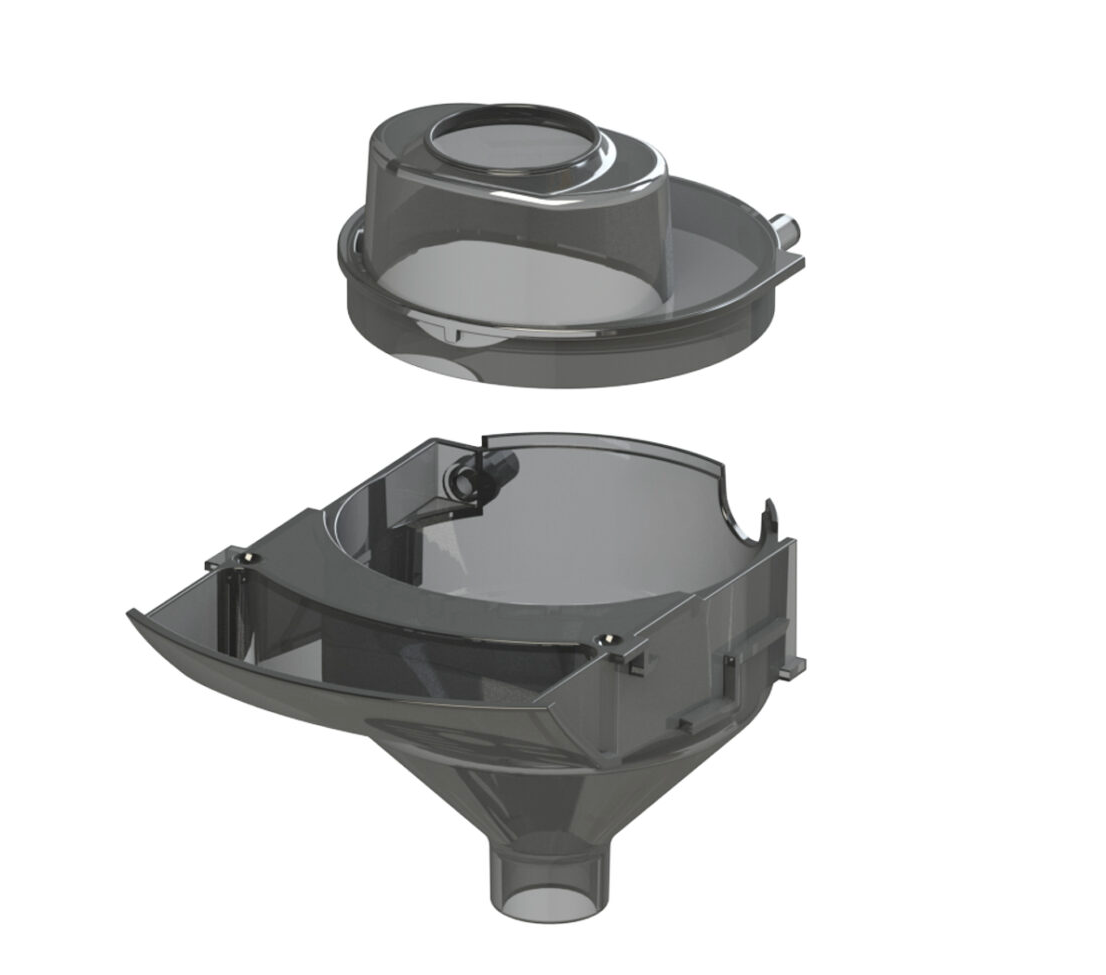 3D rendering of the Baby Brezza UK Funnel and Cover for the Formula Pro Advanced, showing a transparent plastic lid and funnel-shaped base with smooth surfaces and alignment notches for easy assembly. - product thumbnail