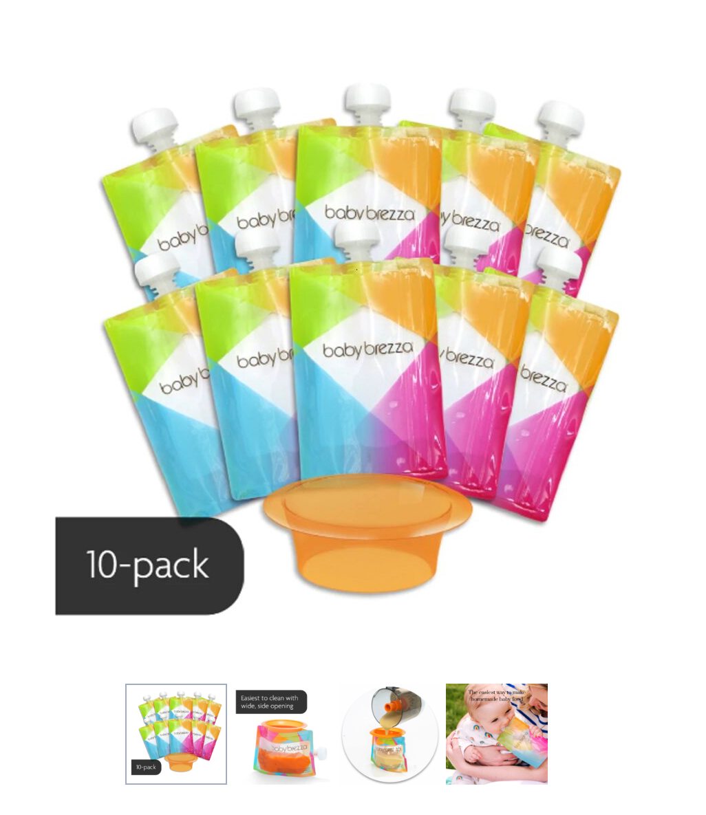 Ten Reusable Food Pouches for Weaning – Pack of 10 with white caps are fanned out behind an orange funnel. The label reads "10-pack." Three small images below show how to fill and use the baby food pouches. - product thumbnail