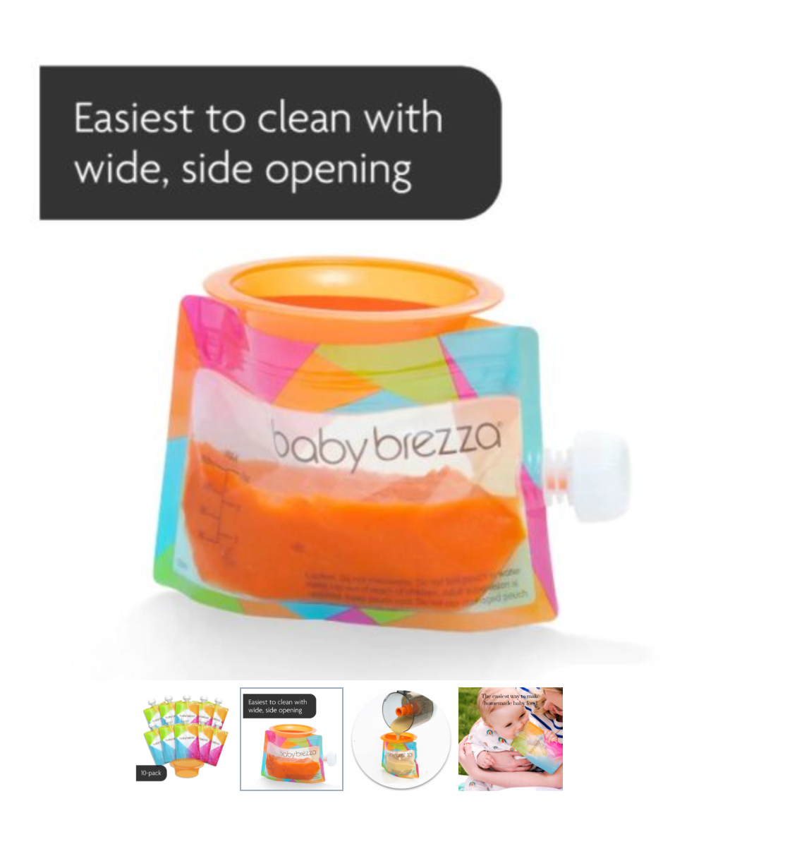 A pack of 10 colorful Reusable Food Pouches for Weaning, each with a wide side opening and orange cap, is shown filled with orange puree. Text reads: Easiest to clean with wide, side opening. Small related products are pictured below. - product thumbnail
