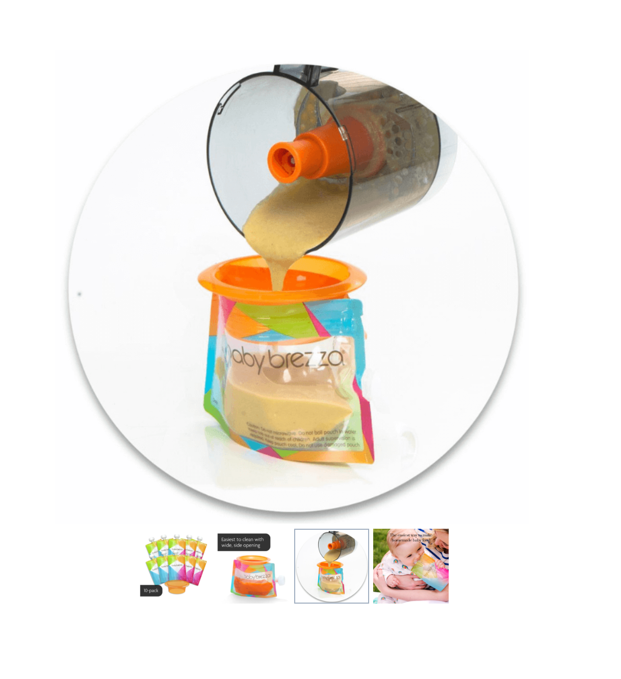 A blender pours puree into a colorful pouch from the Reusable Food Pouches for Weaning – Pack of 10, held open with an orange stand. Smaller images below highlight these convenient, eco-friendly pouches against a white background. - product thumbnail